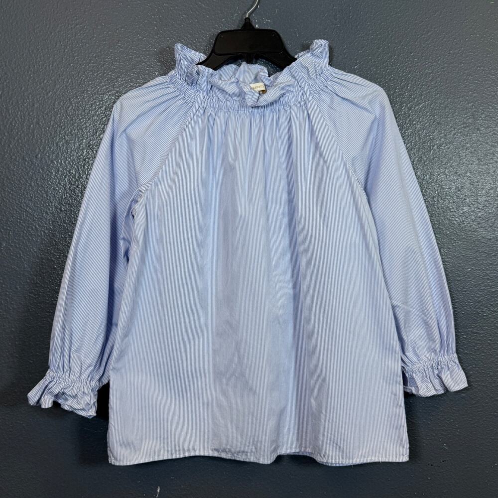 Ann Mashburn S women blue/white striped Pinstripe Ruffle Neck Long Sleeve Blouse